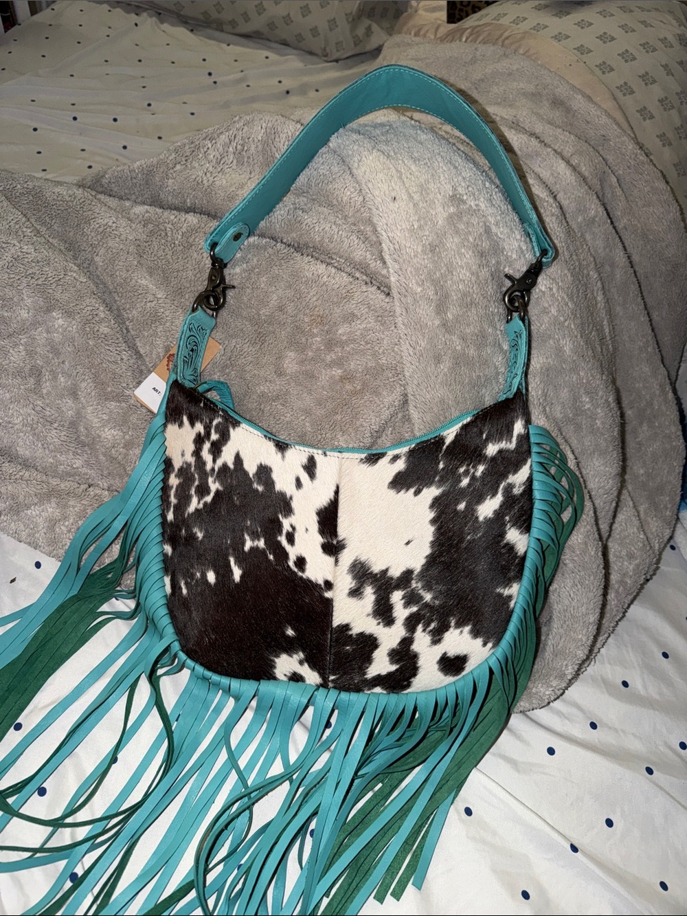 Turquoise Fringe Cowhide Shoulder Bag